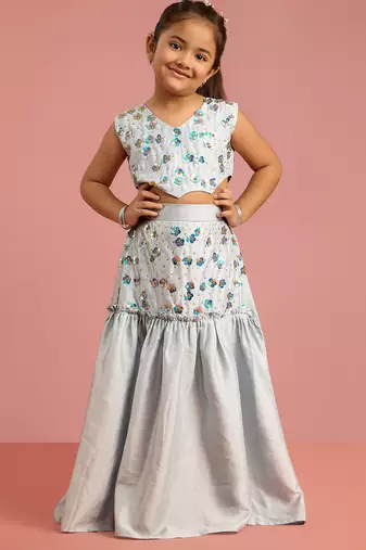 girls aqua blue silk lehenga choli with embroidery
