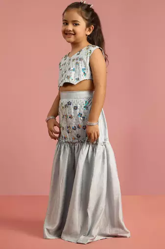 girls aqua blue silk lehenga choli with embroidery