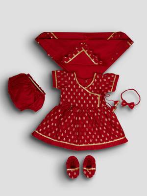 girls wear red jacquard ethnic set with floral print 2
