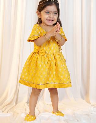 girls wear mustard jacquard angrakha frock set 1