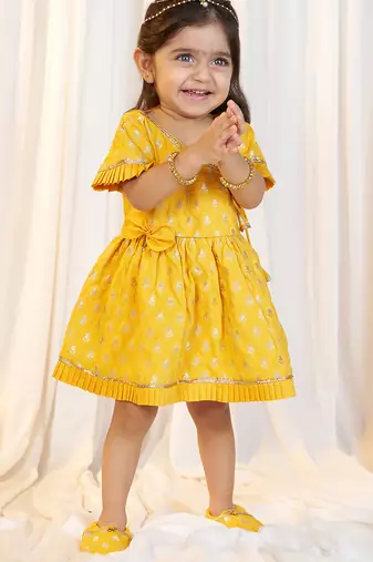girls wear mustard jacquard angrakha frock set