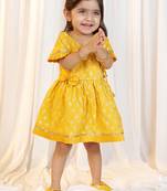 girls wear mustard jacquard angrakha frock set