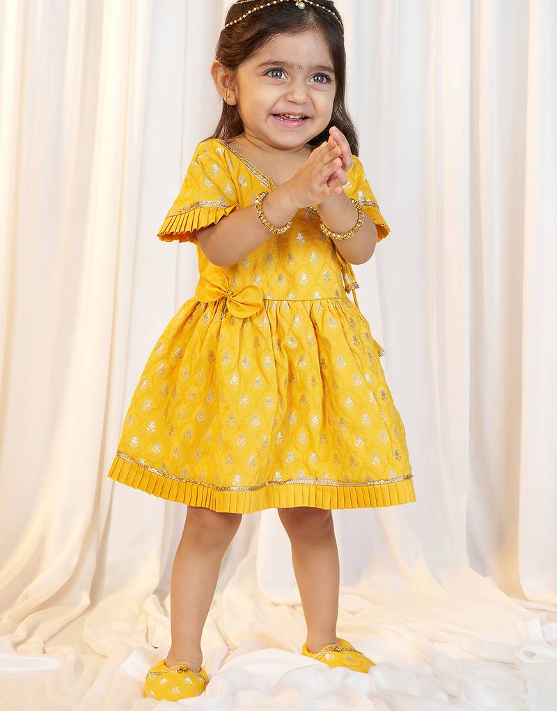 girls wear mustard jacquard angrakha frock set