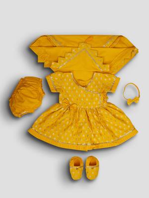 girls wear mustard jacquard angrakha frock set 2
