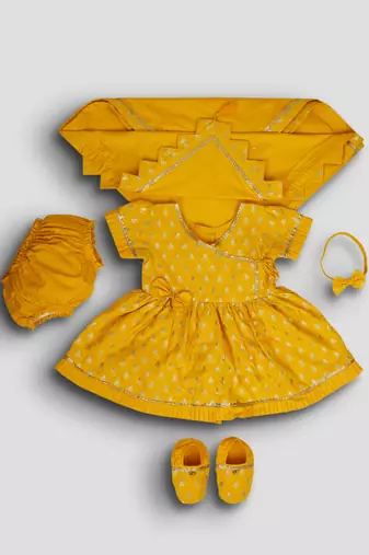 girls wear mustard jacquard angrakha frock set