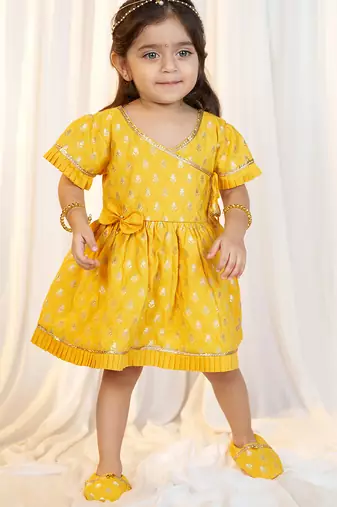 girls wear mustard jacquard angrakha frock set