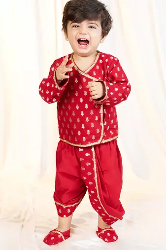 red viscose jacquard dhoti kurta set for boys