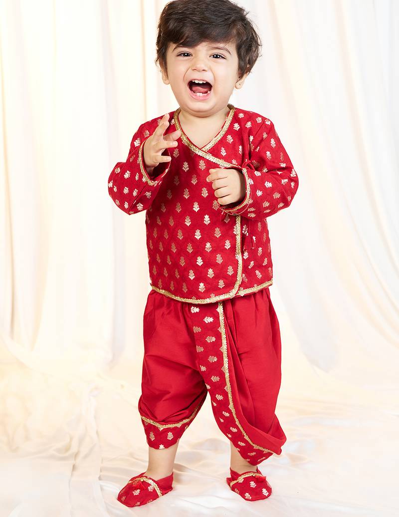 red viscose jacquard dhoti kurta set for boys