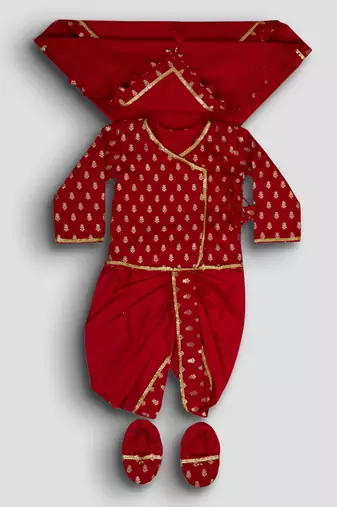 red viscose jacquard dhoti kurta set for boys