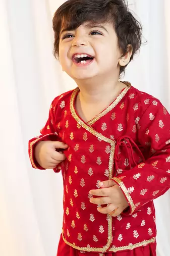 red viscose jacquard dhoti kurta set for boys