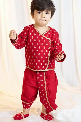 red viscose jacquard dhoti kurta set for boys