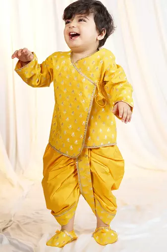 mustard viscose jacquard dhoti kurta for boys