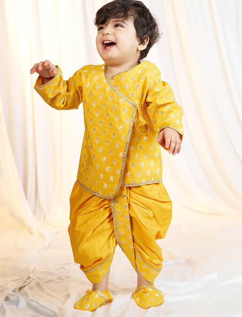mustard viscose jacquard dhoti kurta for boys