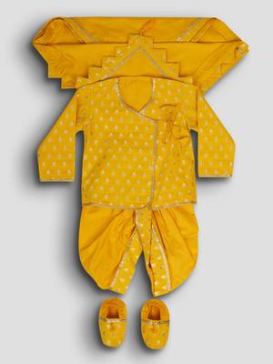 mustard viscose jacquard dhoti kurta for boys 2