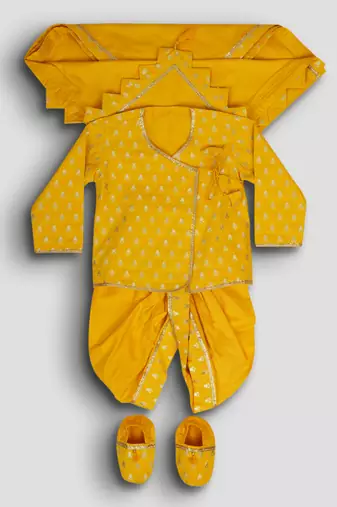 mustard viscose jacquard dhoti kurta for boys