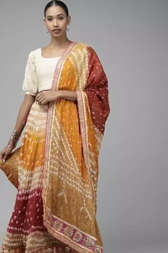 multicoloured bandhani silk lehenga with unstitched blouse