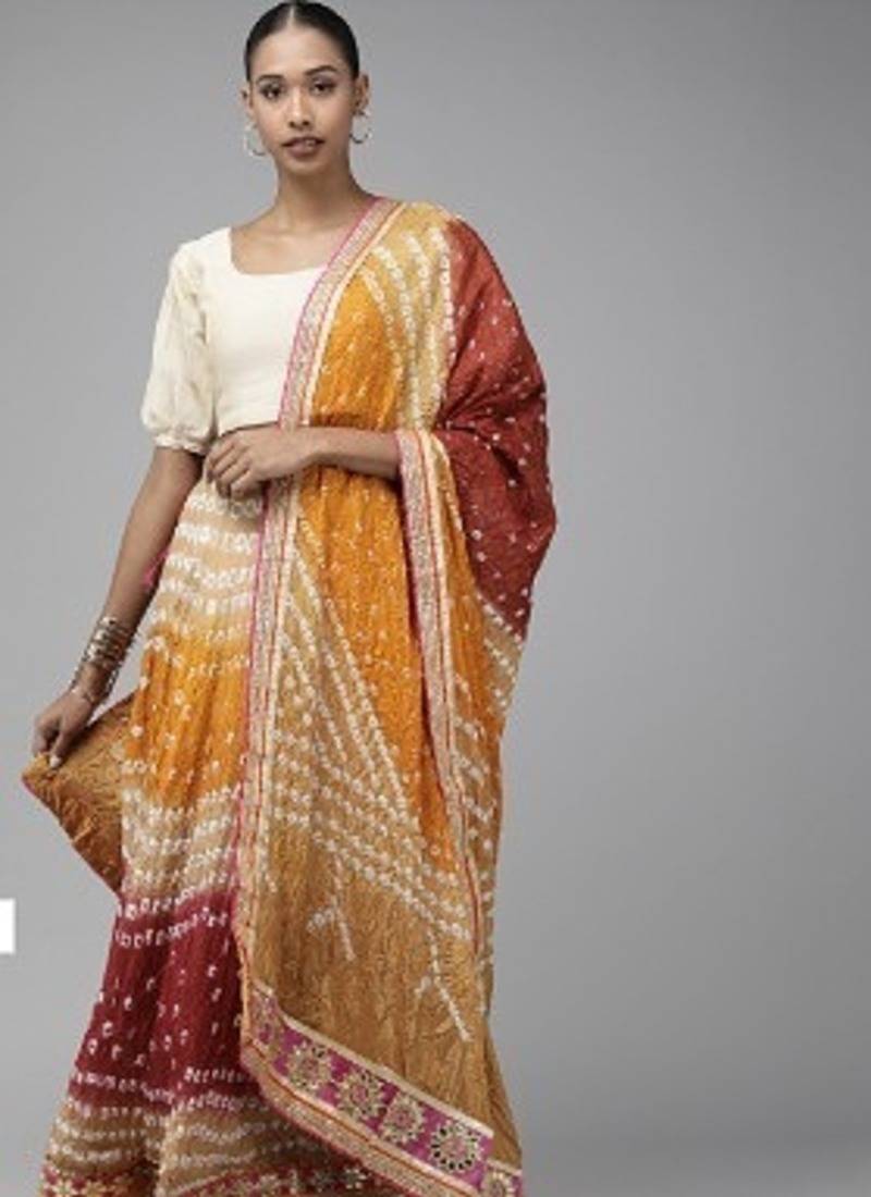 multicoloured bandhani silk lehenga with unstitched blouse