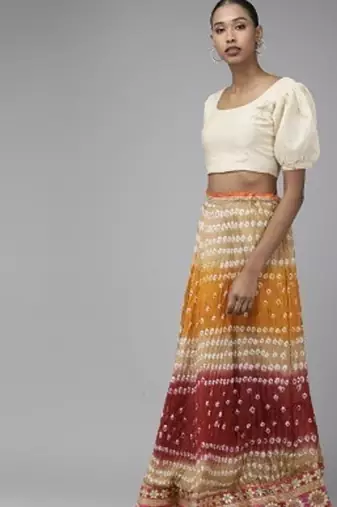 multicoloured bandhani silk lehenga with unstitched blouse