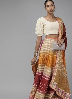 multicoloured bandhani silk lehenga with unstitched blouse 5