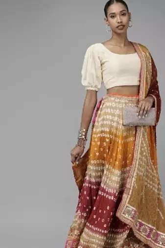 multicoloured bandhani silk lehenga with unstitched blouse
