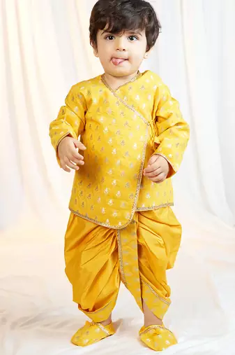 mustard viscose jacquard dhoti kurta for boys