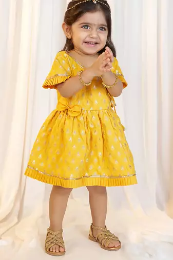 girls wear jacquard dress set mustard with floral print