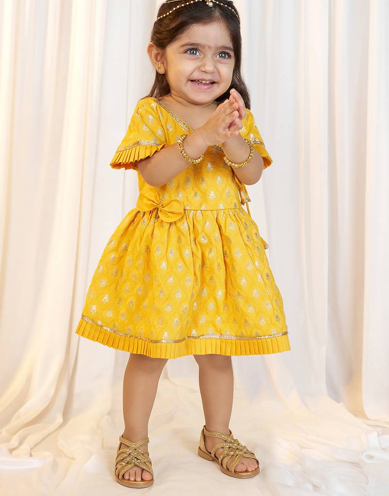 girls wear jacquard dress set mustard with floral print