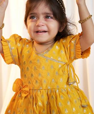 girls wear jacquard dress set mustard with floral print 2