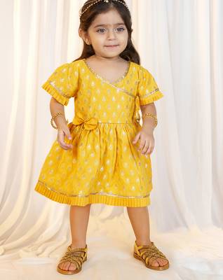 girls wear jacquard dress set mustard with floral print 3