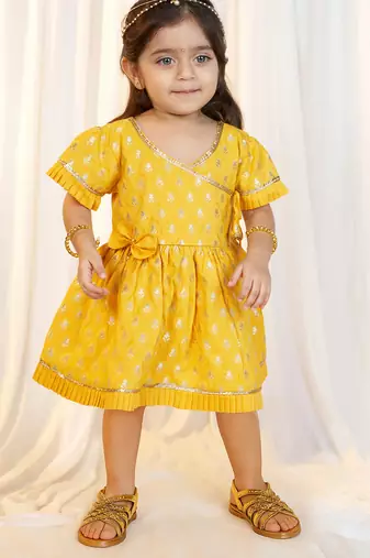 girls wear jacquard dress set mustard with floral print