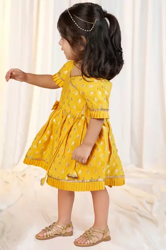girls wear jacquard dress set mustard with floral print