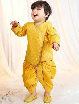 mustard viscose jacquard kurta dhoti set boys 1