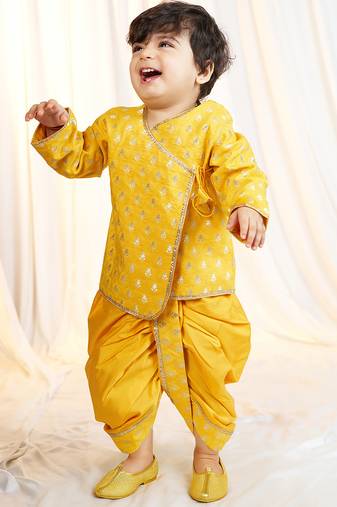 mustard viscose jacquard kurta dhoti set boys