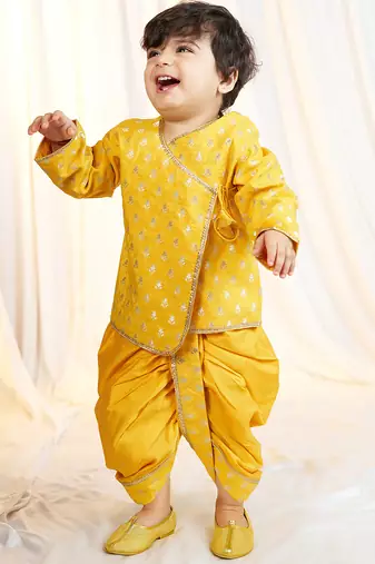 mustard viscose jacquard kurta dhoti set boys
