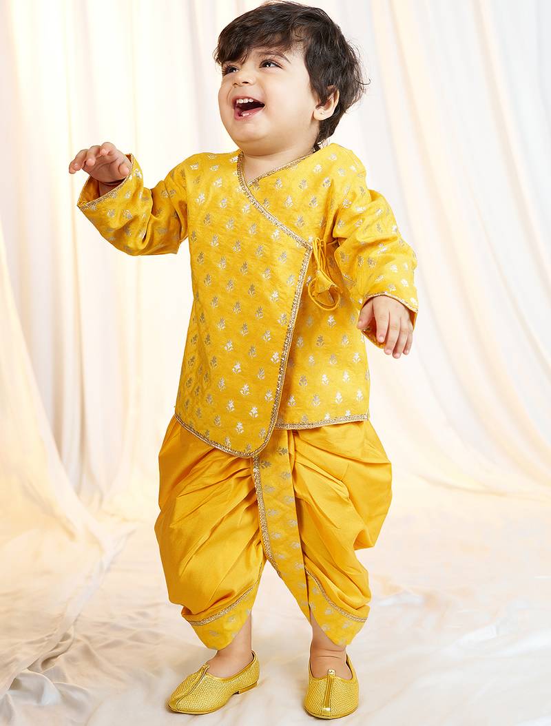 mustard viscose jacquard kurta dhoti set boys