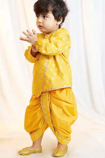 mustard viscose jacquard kurta dhoti set boys