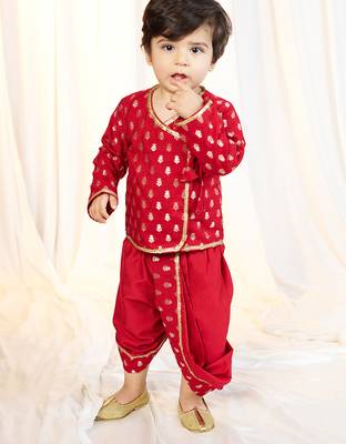 kids wear boys red jacquard kurta dhoti set floral print 1