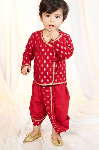 kids wear boys red jacquard kurta dhoti set floral print