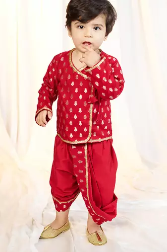 kids wear boys red jacquard kurta dhoti set floral print
