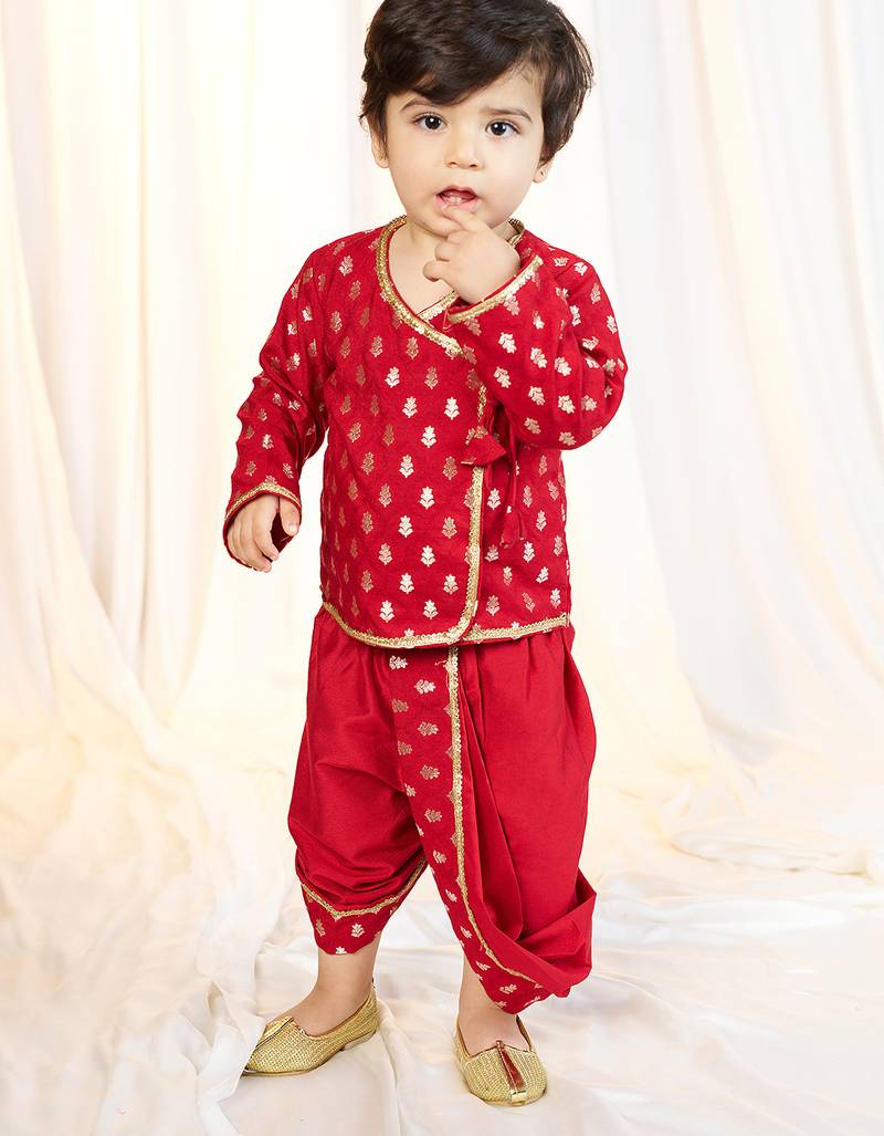 kids wear boys red jacquard kurta dhoti set floral print