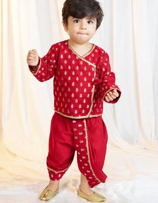 kids wear boys red jacquard kurta dhoti set floral print 3