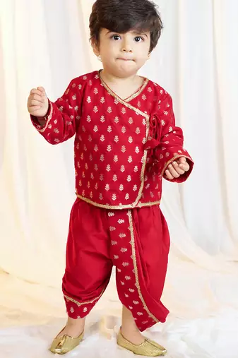 kids wear boys red jacquard kurta dhoti set floral print
