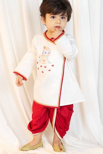 kids wear boys white satin kurta dhoti set with embroidery
