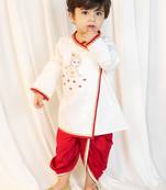 kids wear boys white satin kurta dhoti set with embroidery