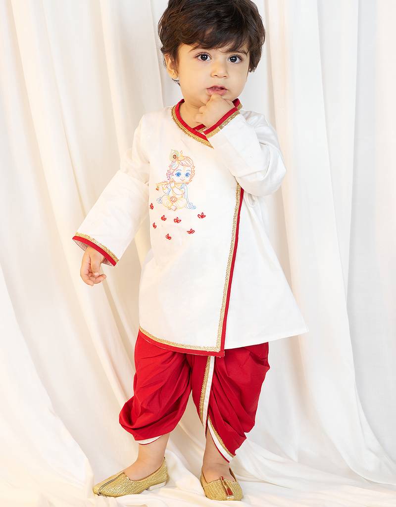 kids wear boys white satin kurta dhoti set with embroidery