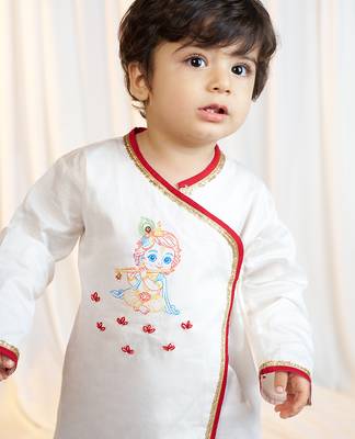 kids wear boys white satin kurta dhoti set with embroidery 2