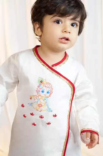 kids wear boys white satin kurta dhoti set with embroidery