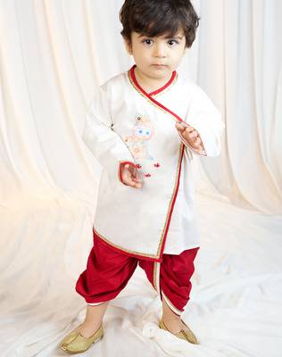 kids wear boys white satin kurta dhoti set with embroidery 3