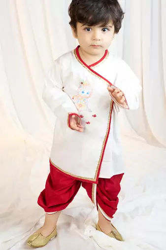 kids wear boys white satin kurta dhoti set with embroidery