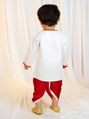 kids wear boys white satin kurta dhoti set with embroidery 4